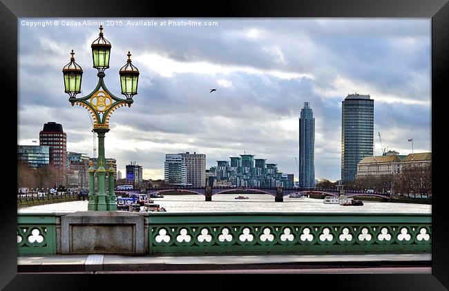 A London Scene - Westminster Bridge empty and skyl Framed Print by Carlos Alkmin