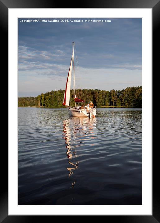 One white boat sailing view Framed Mounted Print by Arletta Cwalina