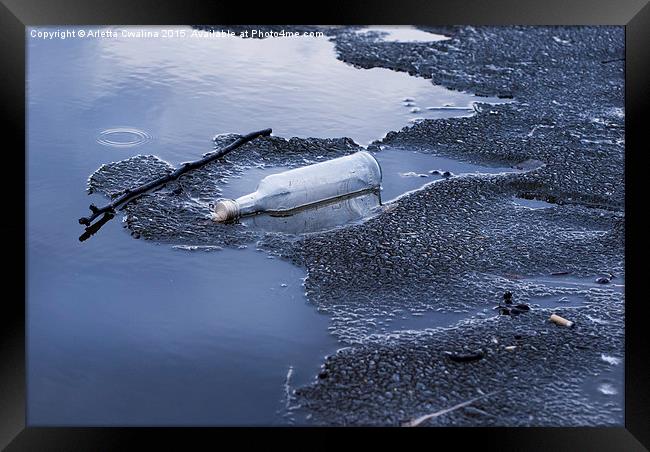glass bottle garbage on melting ice on lake  Framed Print by Arletta Cwalina