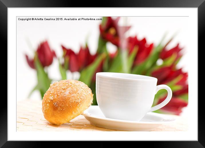 ceramic cup of hot coffee and sweet baked roll  Framed Mounted Print by Arletta Cwalina