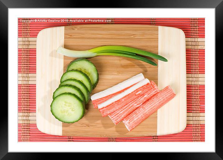 Crab sticks of surimi and cucumber with chives  Framed Mounted Print by Arletta Cwalina