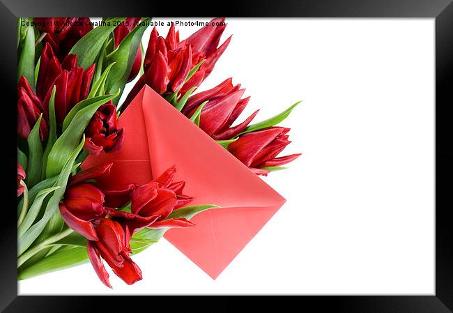 Red envelope in bouquet of red tulips  Framed Print by Arletta Cwalina