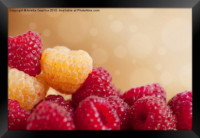 raspberry fruits in pile with circles bokeh  Framed Print by Arletta Cwalina