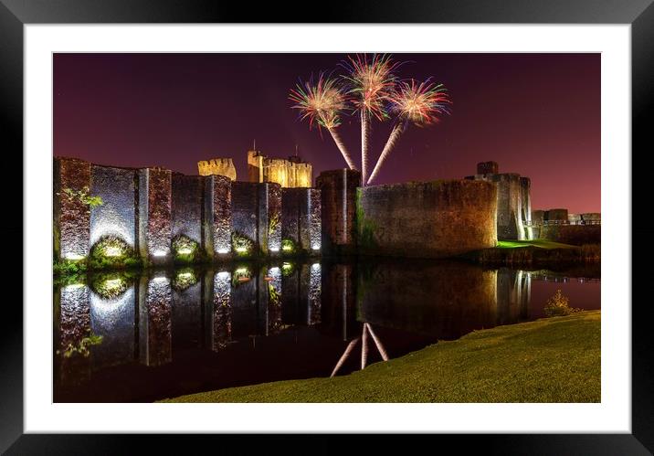 Caerphilly castle fireworks Framed Mounted Print by Dean Merry