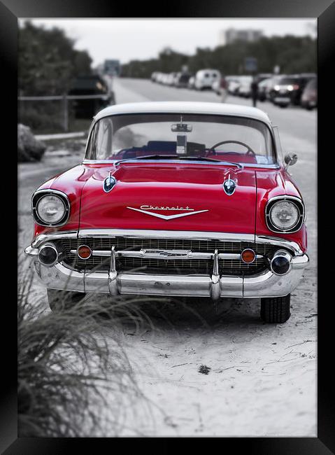 Classic red antique car at the beach Framed Print by Edward Fielding