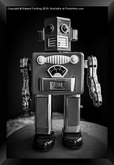 Vintage Tin Toy Robot Black and white Framed Print by Edward Fielding