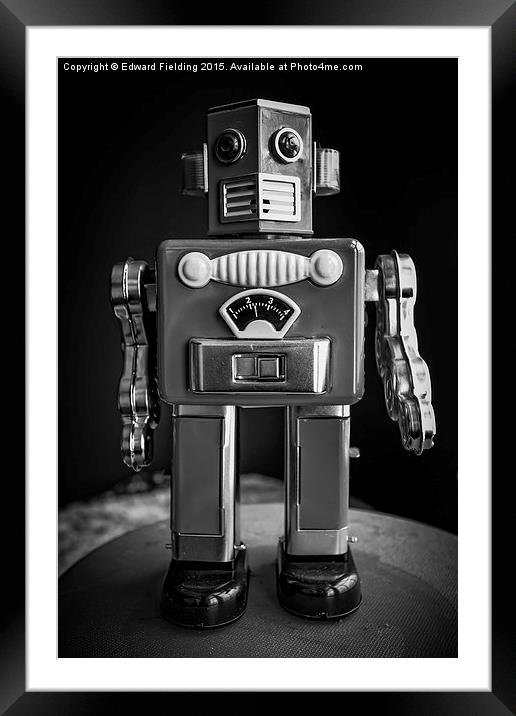 Vintage Tin Toy Robot Black and white Framed Mounted Print by Edward Fielding