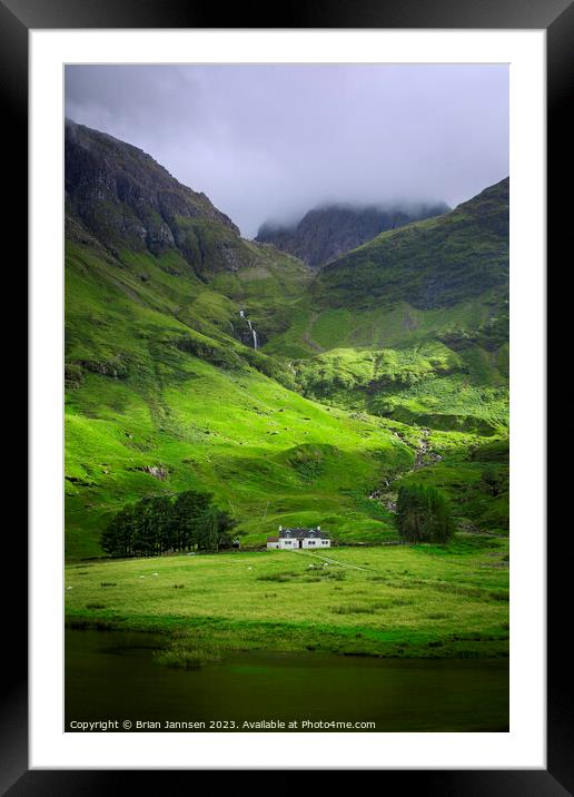 Lone Cottage in the Glencoe Mountains - Scotland Framed Mounted Print by Brian Jannsen