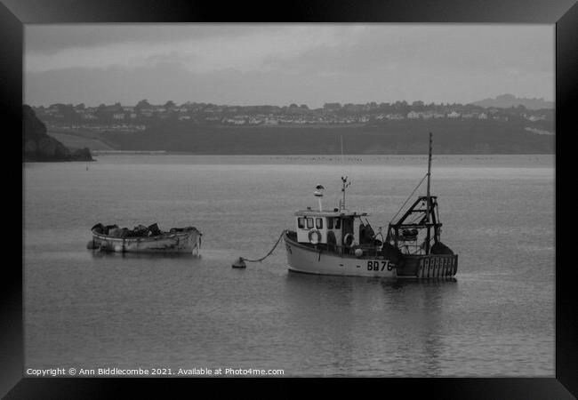 Just a couple of fishing boats in monochrome Framed Print by Ann Biddlecombe