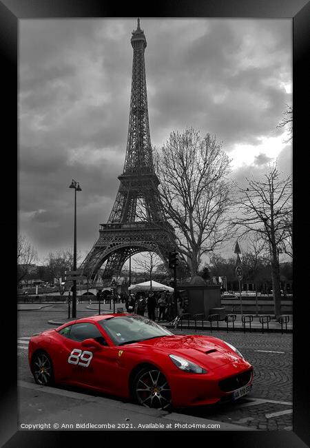 Beautiful Ferrari in front of the Eiffel Tower Framed Print by Ann Biddlecombe
