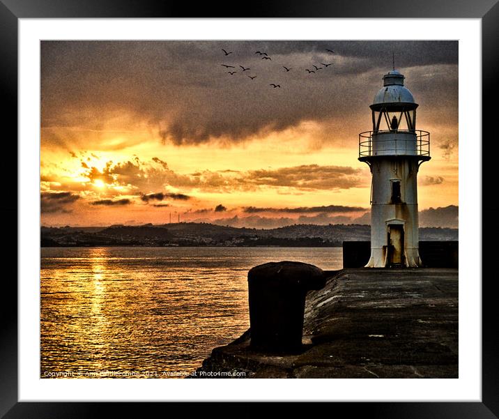 Dramatic sunset over Brixham Lighthouse Framed Mounted Print by Ann Biddlecombe