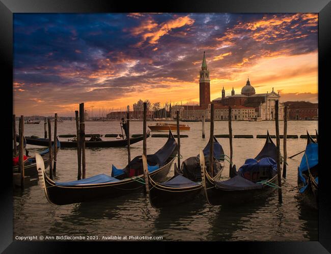 Gondolas at sunset on the main lagoon Framed Print by Ann Biddlecombe
