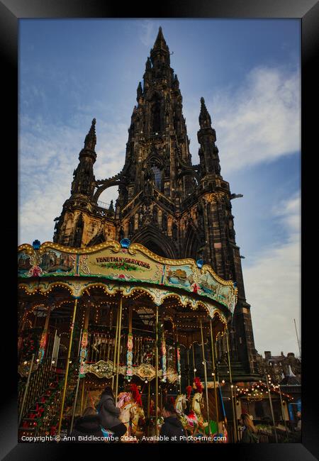 Scott monument with Carousel in Edinburgh  Framed Print by Ann Biddlecombe