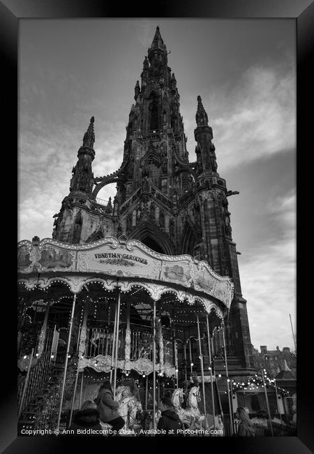 Scott monument with Carousel in Edinburgh in Monochrome Framed Print by Ann Biddlecombe