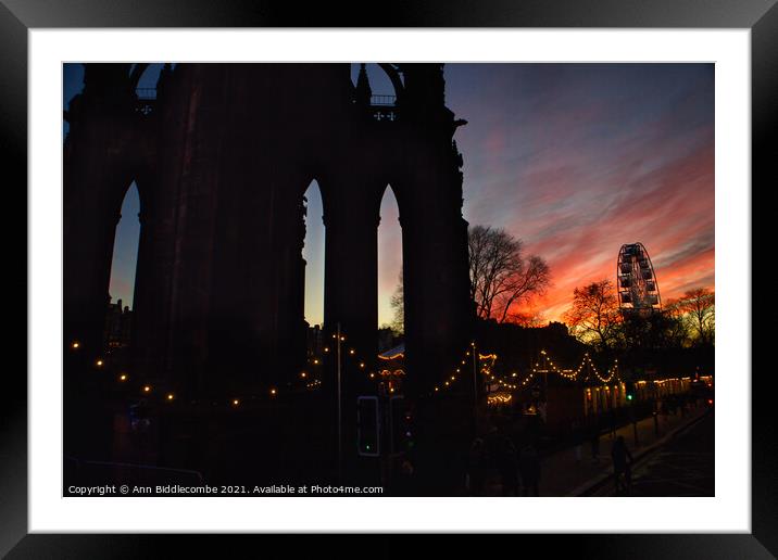 Sunset over Scott monument and big wheel in Edinburgh  Framed Mounted Print by Ann Biddlecombe
