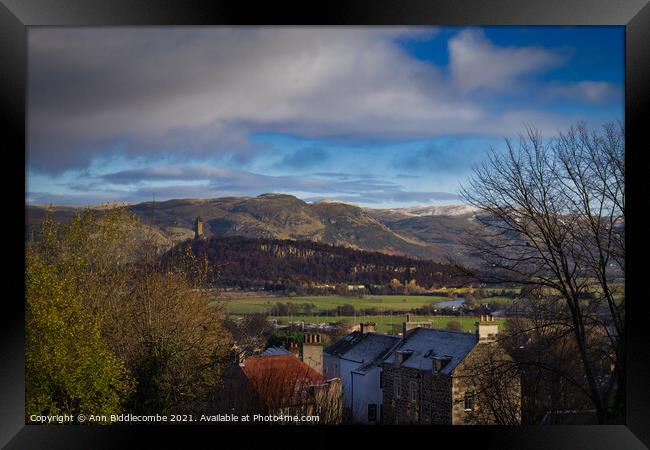 A view from Stirling Castle looking towards Wallace monument Framed Print by Ann Biddlecombe