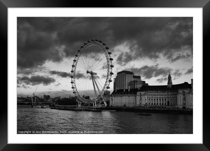 Monochrome London eye a view on a cloudy day Framed Mounted Print by Ann Biddlecombe