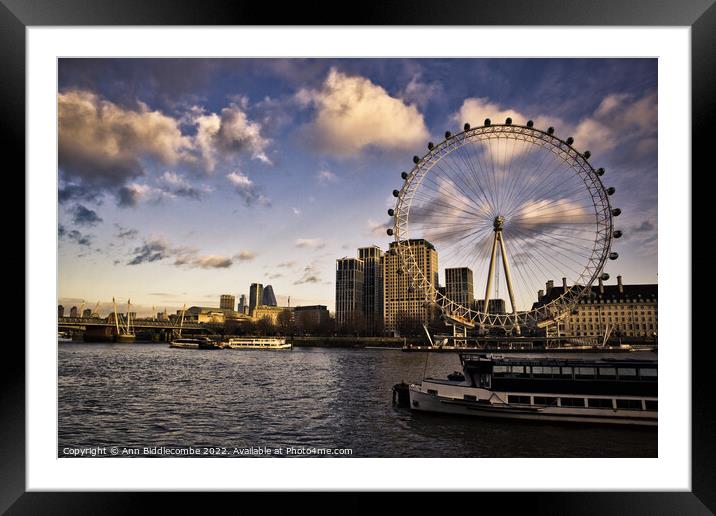 The London eye and boats on the Thames Framed Mounted Print by Ann Biddlecombe
