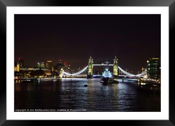 Tower bridge from London Bridge at night Framed Mounted Print by Ann Biddlecombe