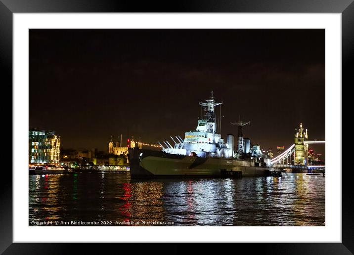 HMS Belfast on the Thames near Tower bridge Framed Mounted Print by Ann Biddlecombe