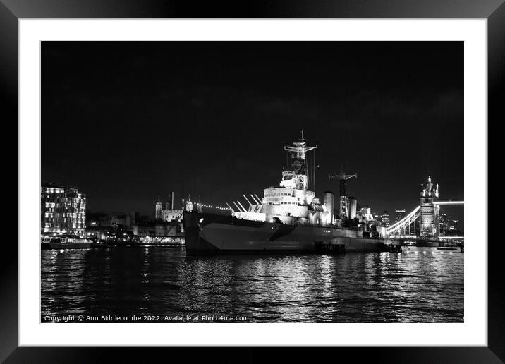 Black and white HMS Belfast on the Thames near Tow Framed Mounted Print by Ann Biddlecombe
