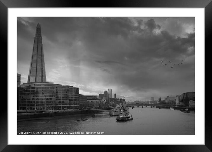 Monochrome View from Tower bridge just one of the  Framed Mounted Print by Ann Biddlecombe