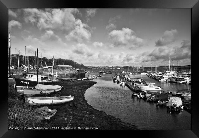 Monochrome Mylor port harbour with the tide out Framed Print by Ann Biddlecombe