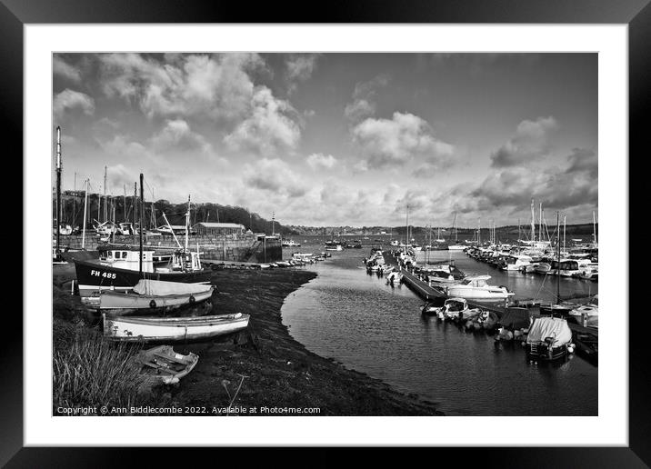 Monochrome Mylor port harbour with the tide out Framed Mounted Print by Ann Biddlecombe