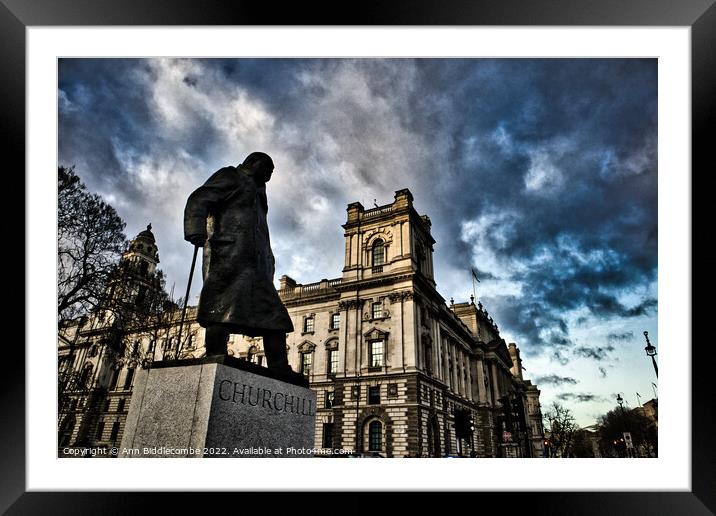 Churchill statue near parliament  Framed Mounted Print by Ann Biddlecombe