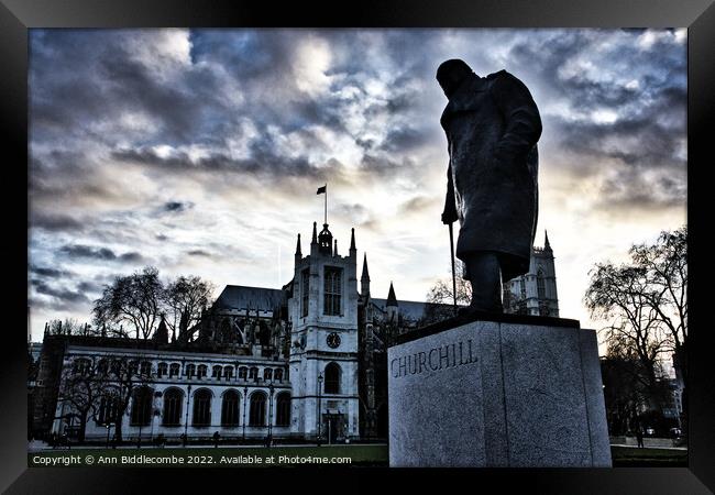 Churchill statue outside  parliament in London Framed Print by Ann Biddlecombe