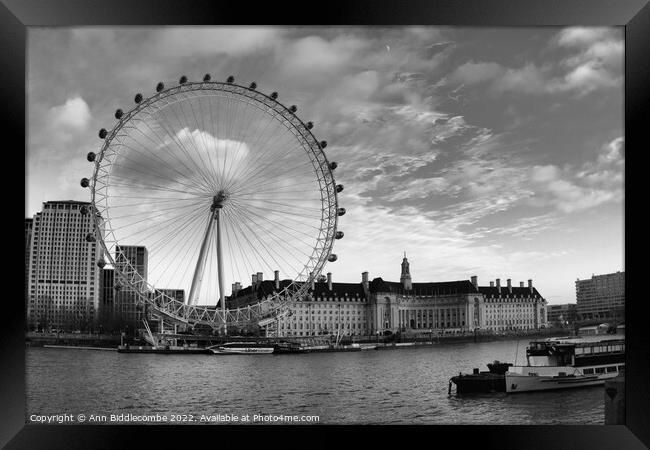 Monochrome The London Eye London City scene Framed Print by Ann Biddlecombe