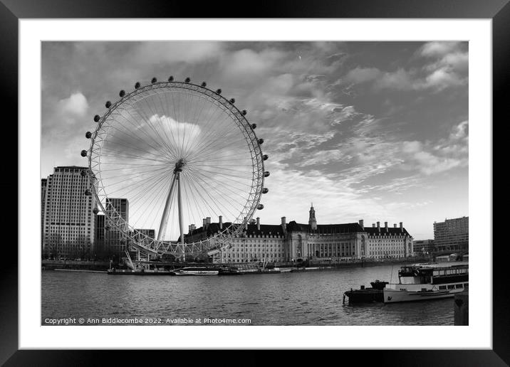 Monochrome The London Eye London City scene Framed Mounted Print by Ann Biddlecombe