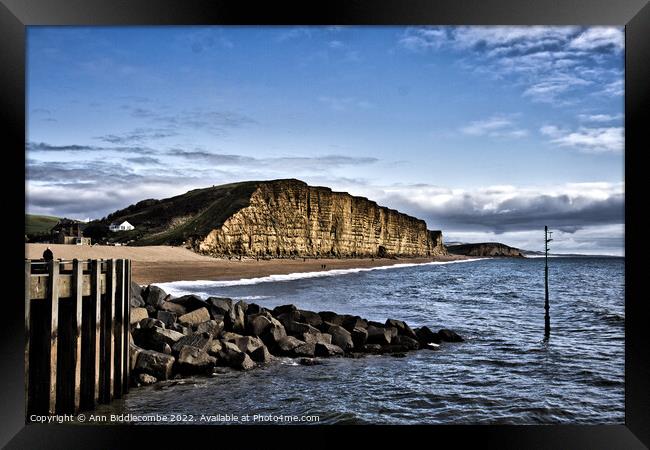 Dramatic West bay cliffs and Broadchurch Framed Print by Ann Biddlecombe