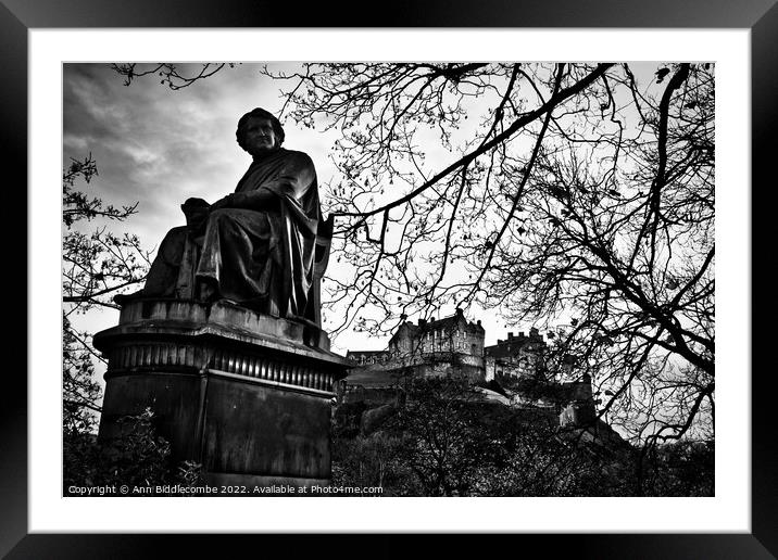 Statue of Sir James Young Simpson in black and whi Framed Mounted Print by Ann Biddlecombe