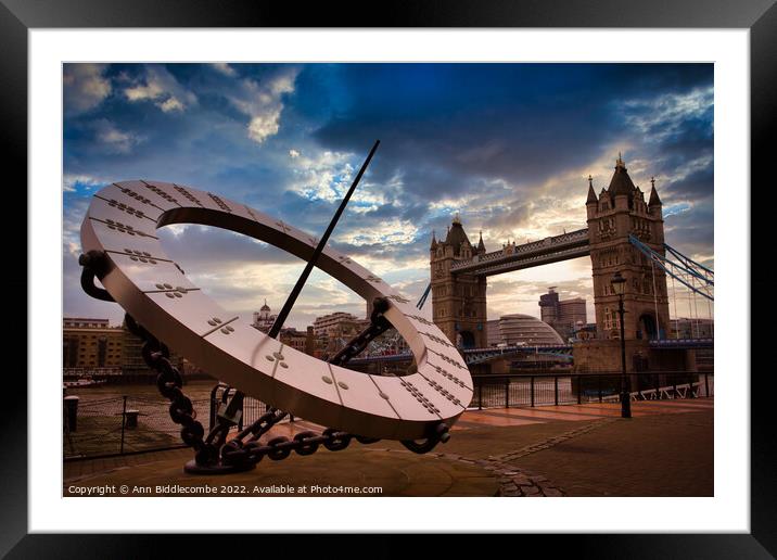 Sundial with tower bridge  Framed Mounted Print by Ann Biddlecombe