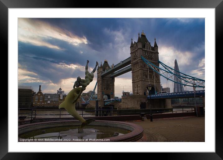 A statue in front of Tower Bridge Framed Mounted Print by Ann Biddlecombe