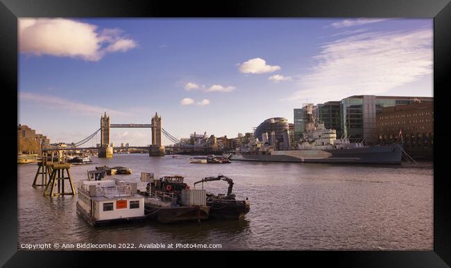 Up the thames towards tower bridge Framed Print by Ann Biddlecombe