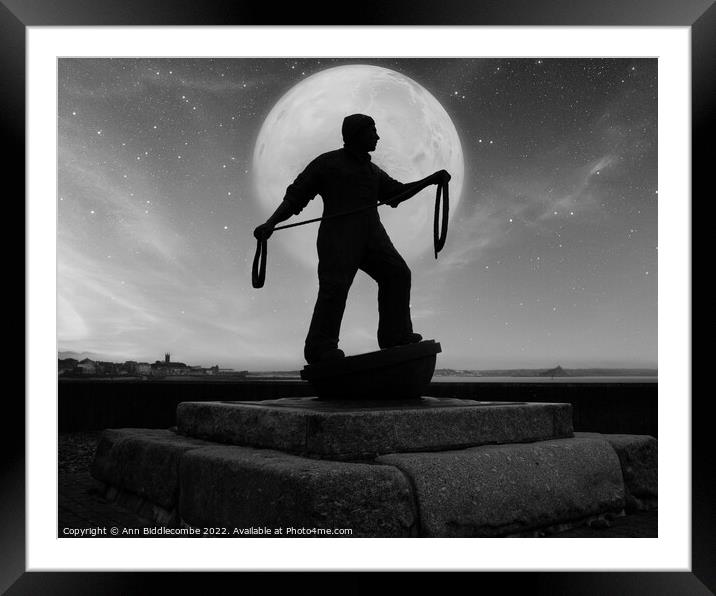 Newlyn fisherman statue by Moonlite Framed Mounted Print by Ann Biddlecombe
