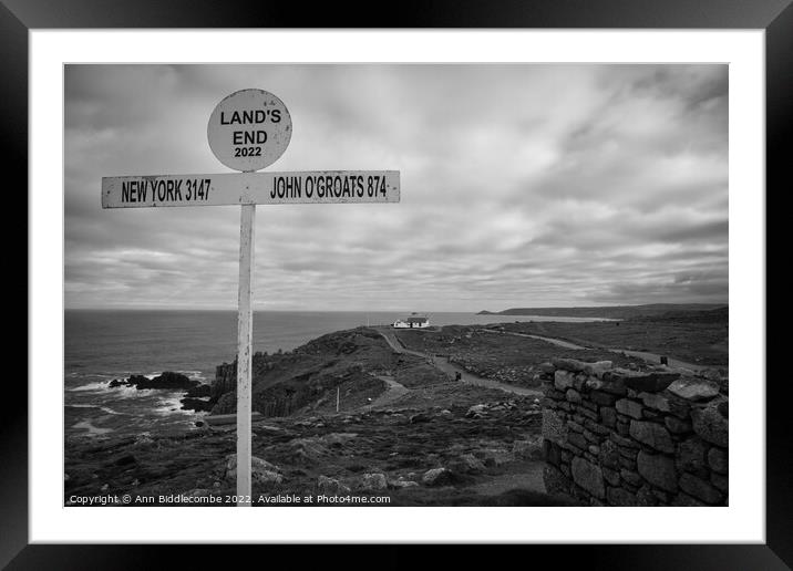 lands end sign in monochrome Framed Mounted Print by Ann Biddlecombe
