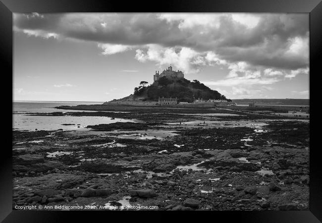 St Michaels Mount from the rocks in monochrome Framed Print by Ann Biddlecombe