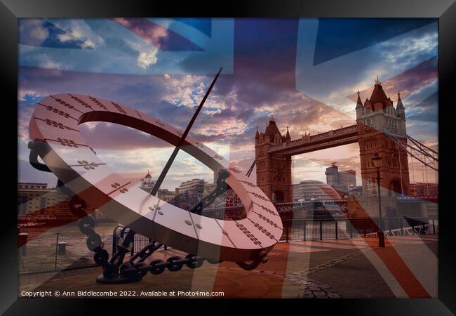 Sundial with tower bridge and faded Union Jack Framed Print by Ann Biddlecombe
