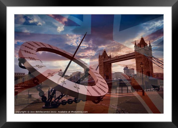 Sundial with tower bridge and faded Union Jack Framed Mounted Print by Ann Biddlecombe
