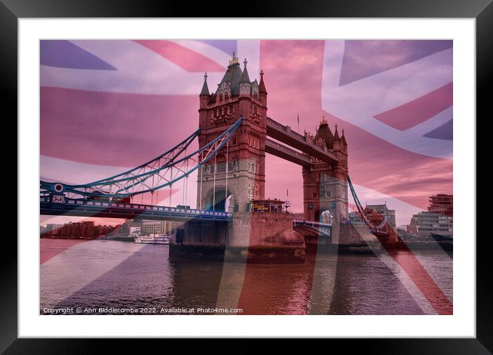 Tower Bridge with Union Jack Framed Mounted Print by Ann Biddlecombe