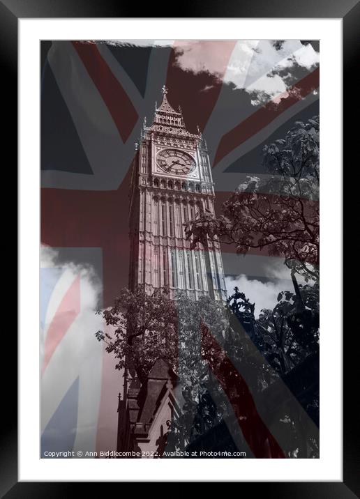 Big Ben behind Union Jack Framed Mounted Print by Ann Biddlecombe