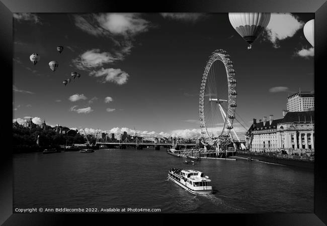 black and white  London eye as hot air balloon's f Framed Print by Ann Biddlecombe