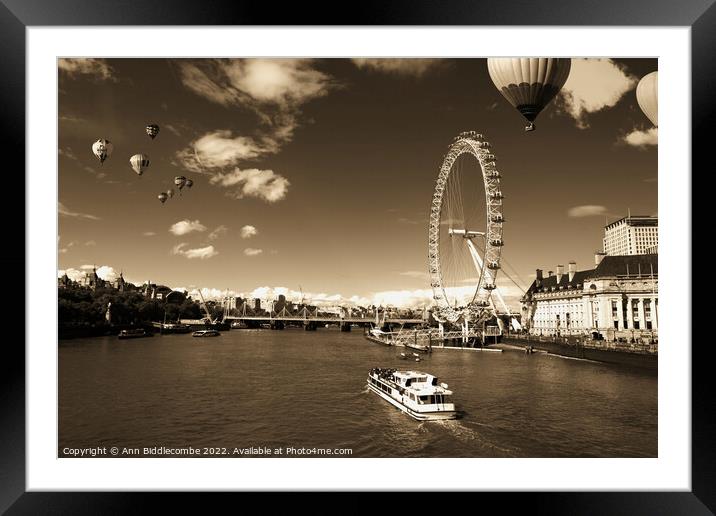 Sepia  London eye as hot air balloon's fly over Framed Mounted Print by Ann Biddlecombe