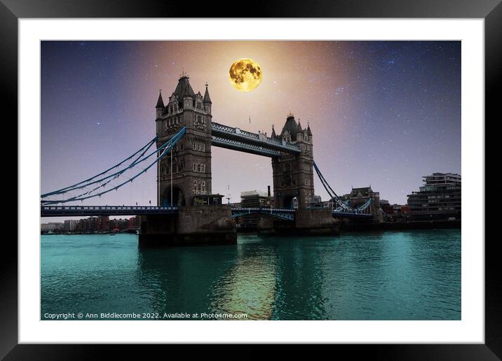 Moon lit night over Tower bridge Framed Mounted Print by Ann Biddlecombe