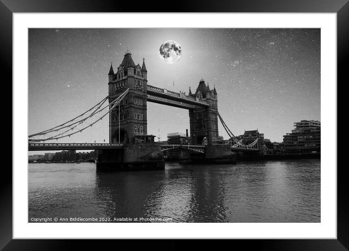 Monochrome Moon lit night over tower bridge Framed Mounted Print by Ann Biddlecombe