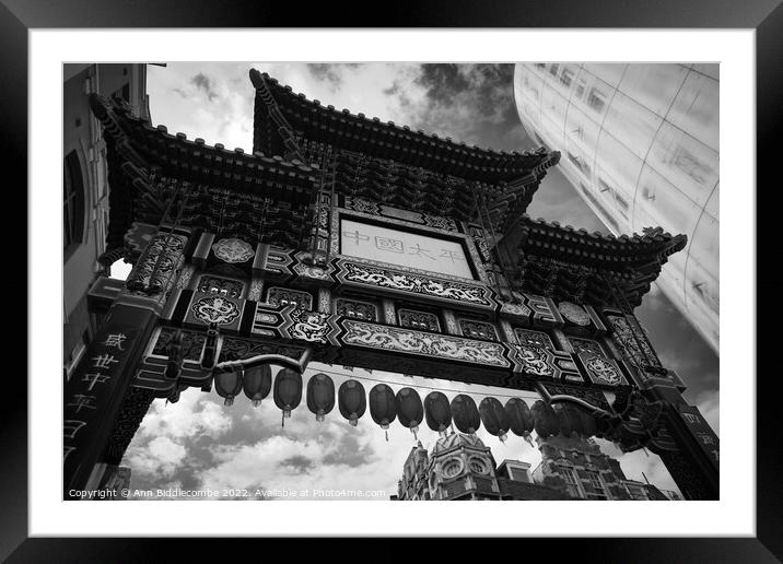 China town in London in monochrome Framed Mounted Print by Ann Biddlecombe