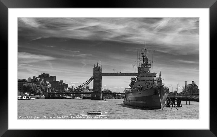 HMS Belfast and Tower bridge Framed Mounted Print by Ann Biddlecombe